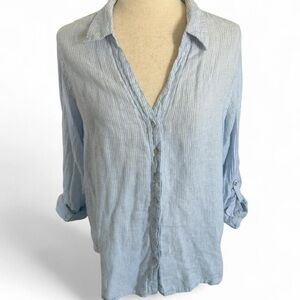 Sigrid Olsen Size 1X Blue White Striped 100% Linen Shirt Resort Coastal Preppy